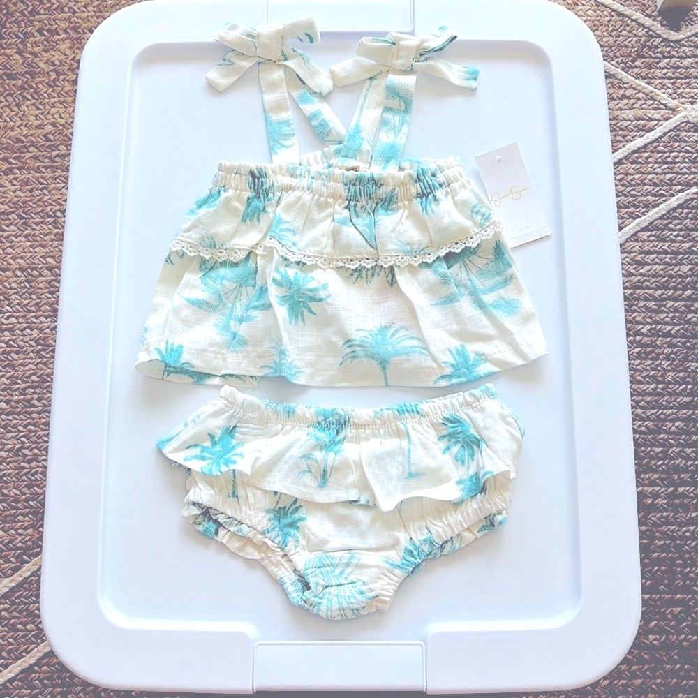🌴Jessica Simpson Tropical Palm Chic Beach Ruffle Boho Set w/ Bow Shoulders🌴